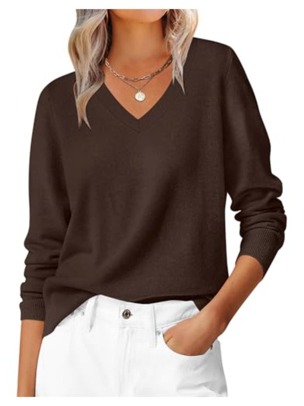 Women's Long Sleeve V Neck Lightweight Pullover Sweater Ribbed Knit Top